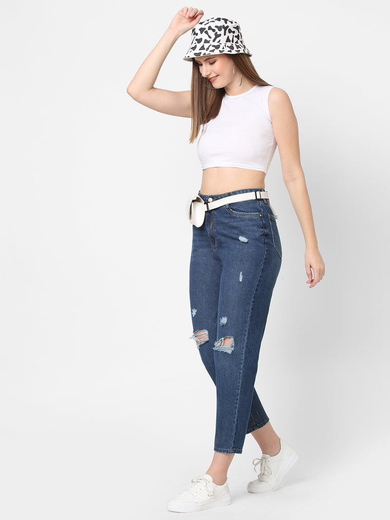 K5085 High Rise Mom Fit Ripped Jeans - Dark Blue