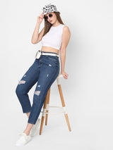 K5085 High Rise Mom Fit Ripped Jeans - Dark Blue