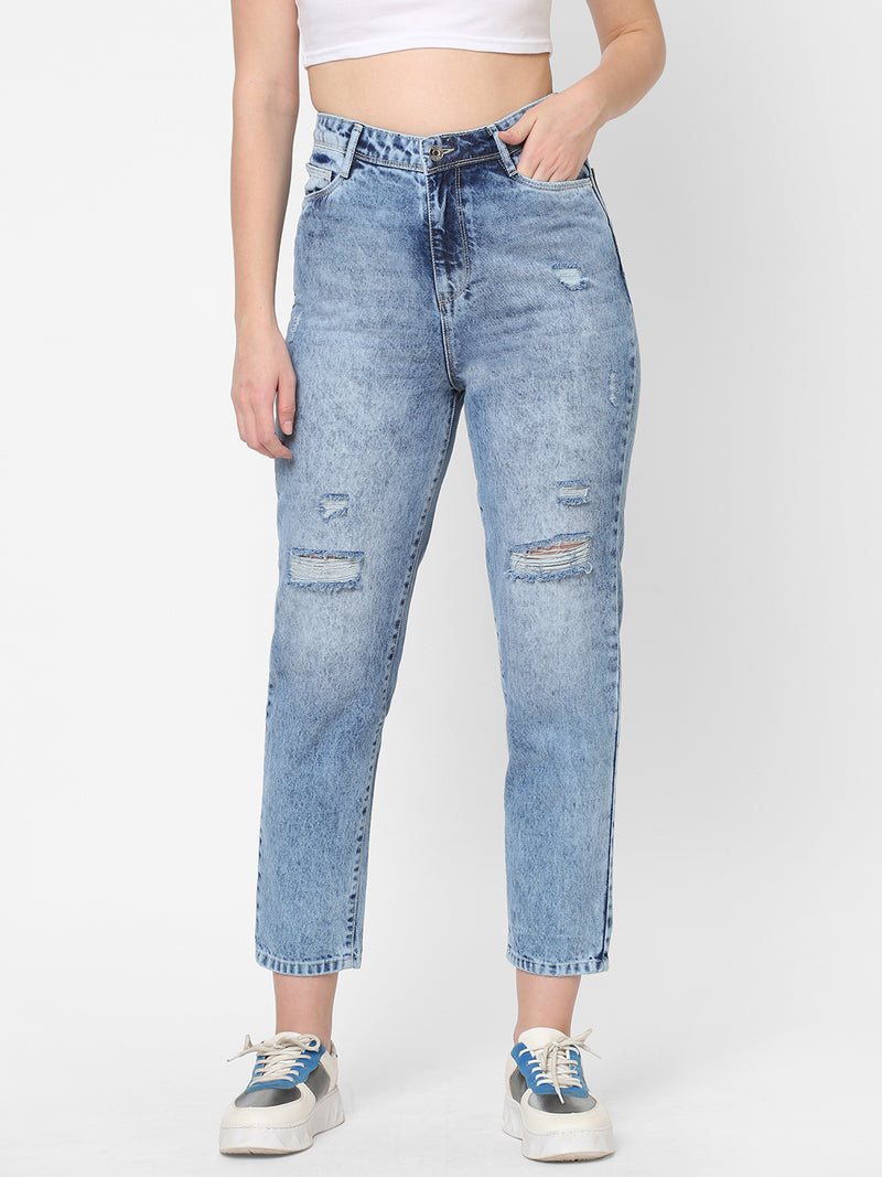 K5085 High Rise Mom Fit Ripped Jeans - Light Blue