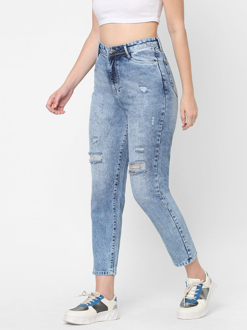 K5085 High Rise Mom Fit Ripped Jeans - Light Blue