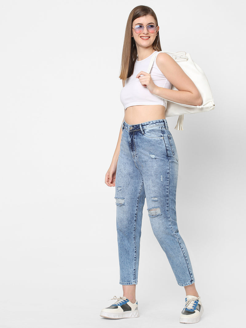 K5085 High Rise Mom Fit Ripped Jeans - Light Blue