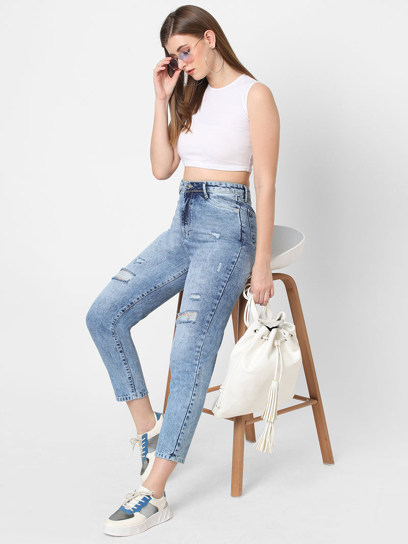 K5085 High Rise Mom Fit Ripped Jeans - Light Blue