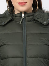 Women Olive Padded Jacket With Faux-Fur Lined Hood - Olive