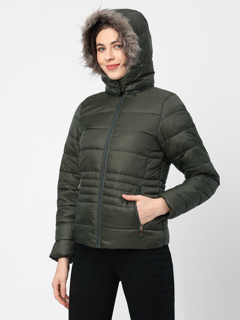 Women Olive Padded Jacket With Faux-Fur Lined Hood - Olive