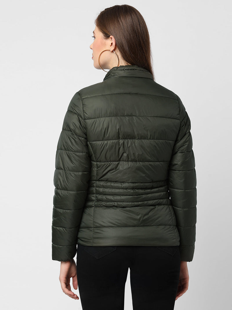 Buy Women Olive Padded Jacket With Faux Fur Lined Hood Olive