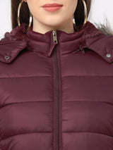 Women Maroon Padded Jacket With Faux-Fur Lined Hood - Maroon