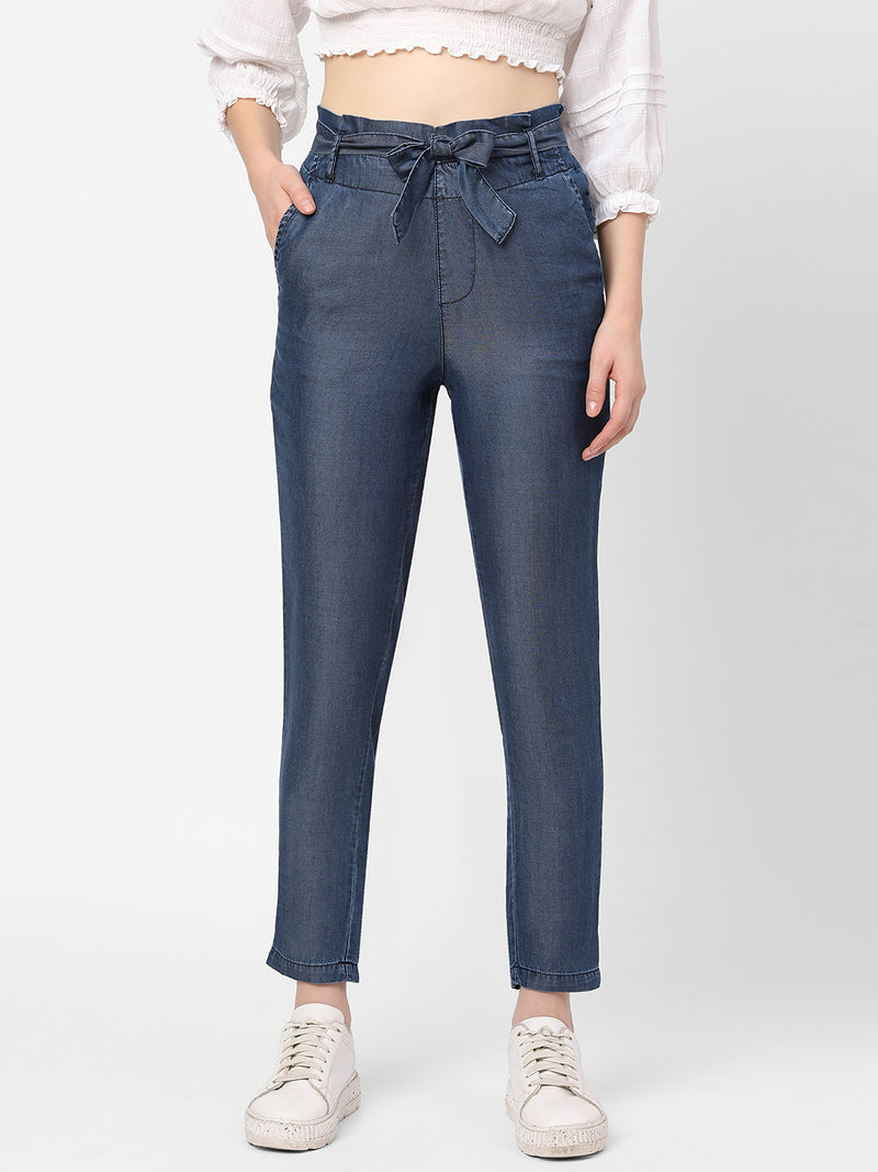 High-Rise Paper Bag Pants - Dark Blue