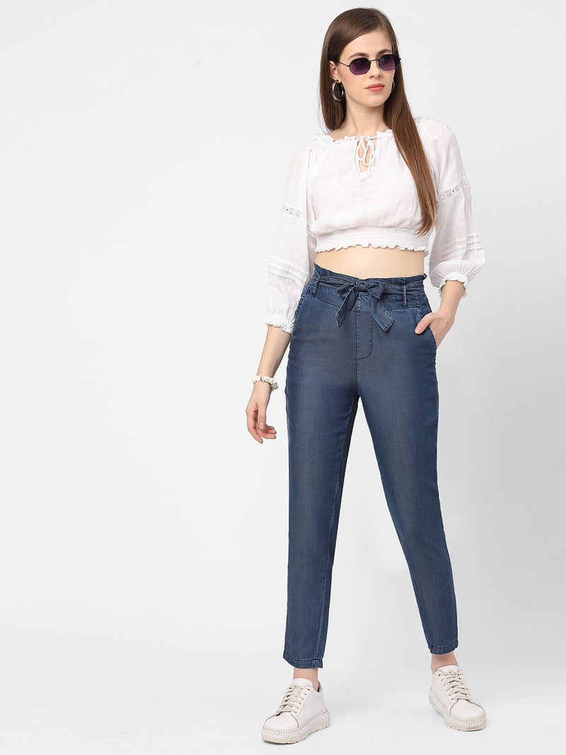High-Rise Paper Bag Pants - Dark Blue