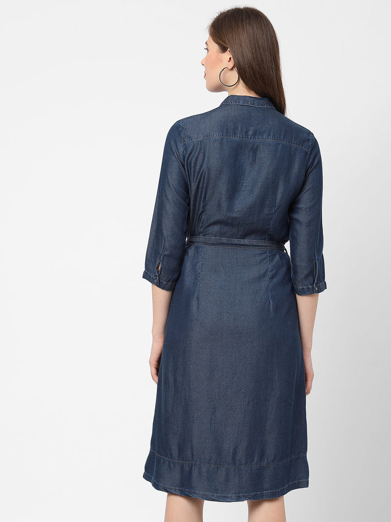 Women Blue Solid Denim Dress With Mask - Dark Blue