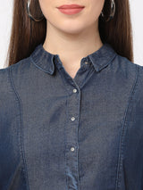 Women Blue Solid Denim Dress With Mask - Dark Blue