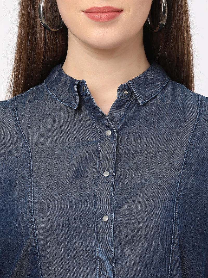 Women Blue Solid Denim Dress With Mask - Dark Blue