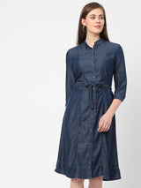 Women Blue Solid Denim Dress With Mask - Dark Blue