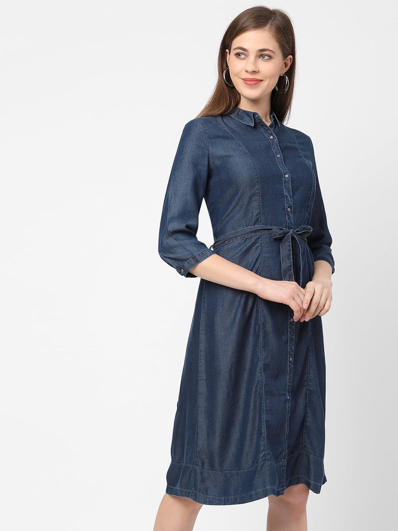 Women Blue Solid Denim Dress With Mask - Dark Blue