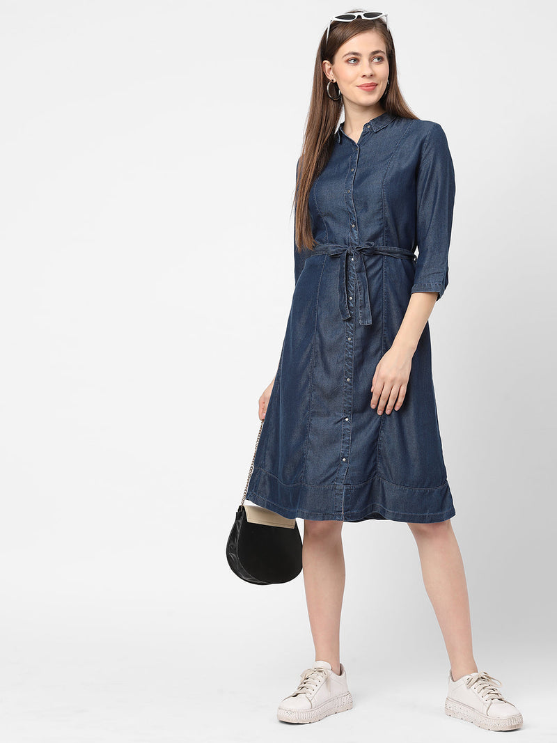 Women Blue Solid Denim Dress With Mask - Dark Blue