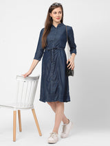 Women Blue Solid Denim Dress With Mask - Dark Blue