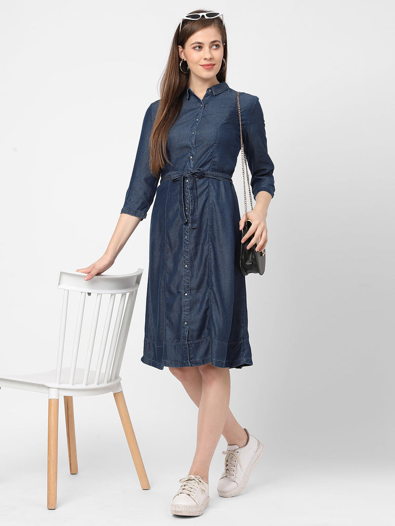 Women Blue Solid Denim Dress With Mask - Dark Blue