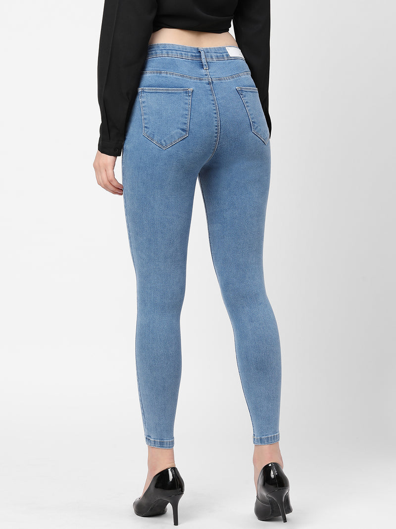 K4014 High-Rise Skinny Knee Blowout Ripped Jeans - Light Blue