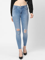 K4014 High-Rise Skinny Knee Blowout Ripped Jeans - Light Blue