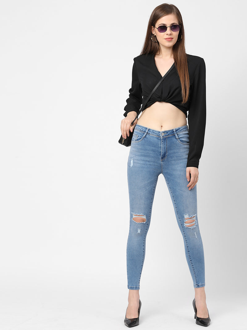 K4014 High-Rise Skinny Knee Blowout Ripped Jeans - Light Blue