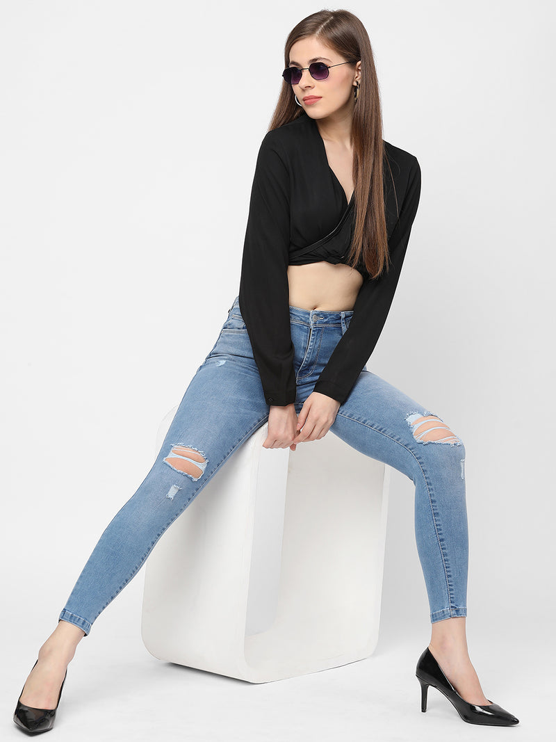 K4014 High-Rise Skinny Knee Blowout Ripped Jeans - Light Blue
