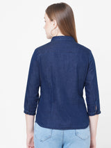Women Blue Solid Denim Shirt