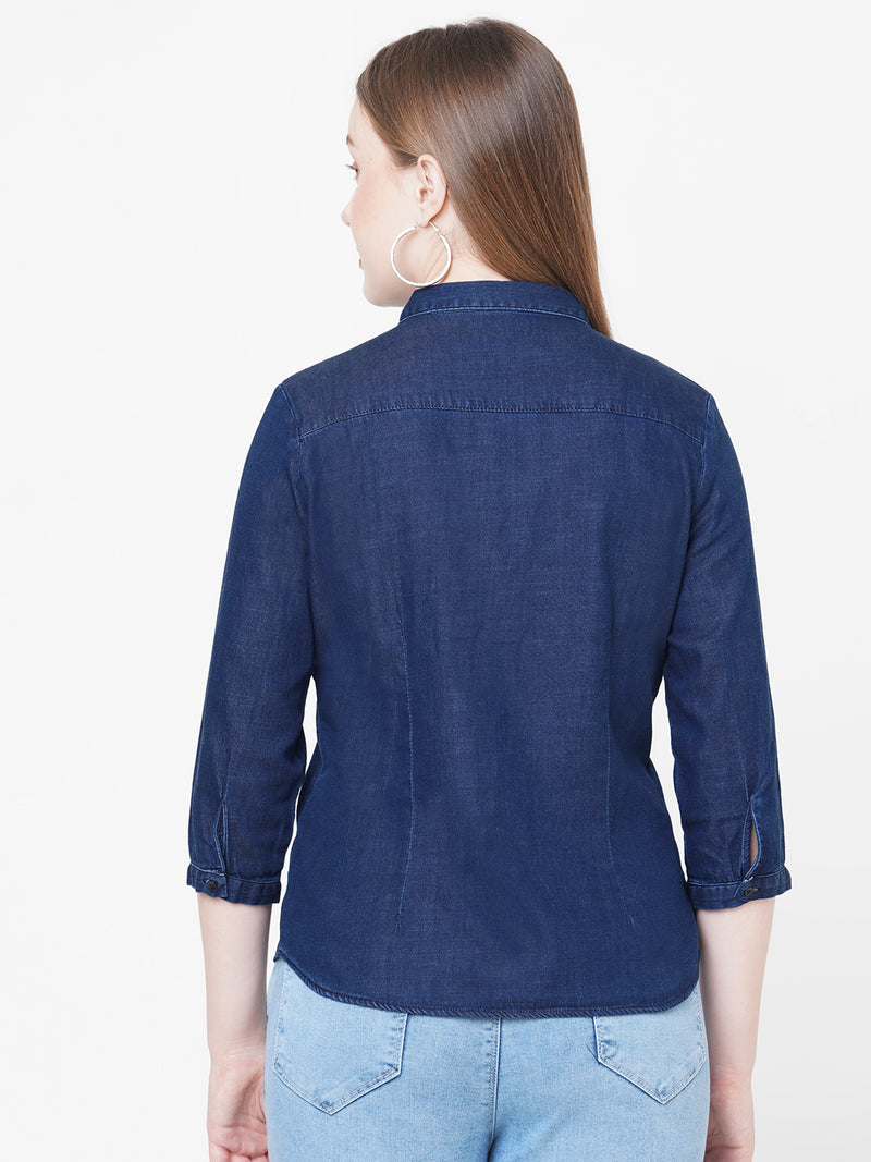 Women Blue Solid Denim Shirt