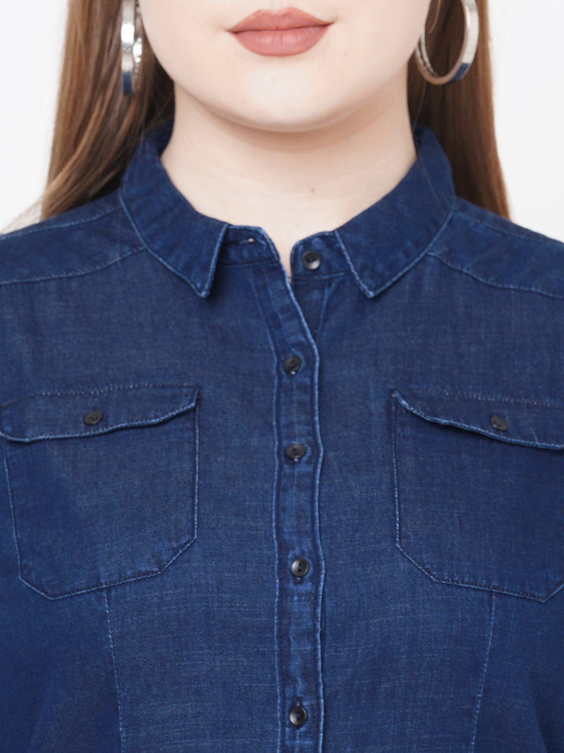 Women Blue Solid Denim Shirt