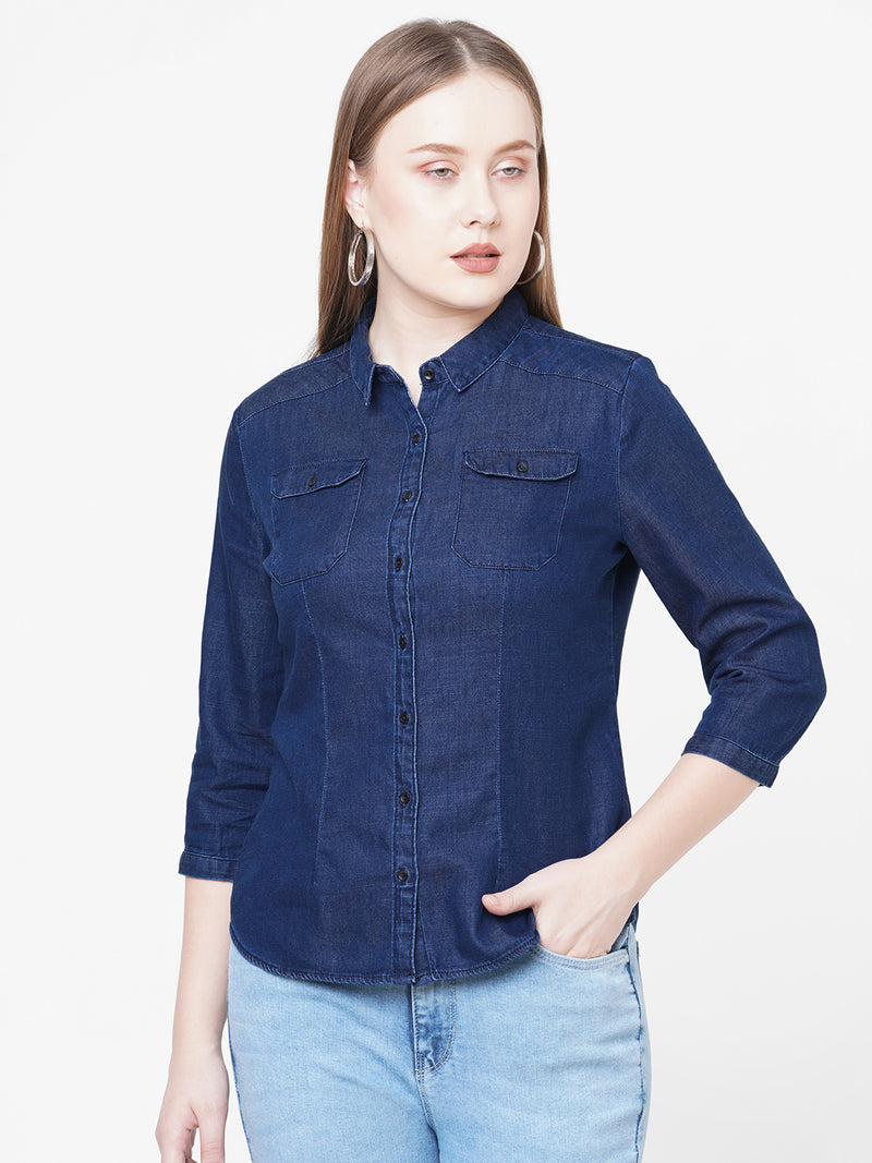 Women Blue Solid Denim Shirt
