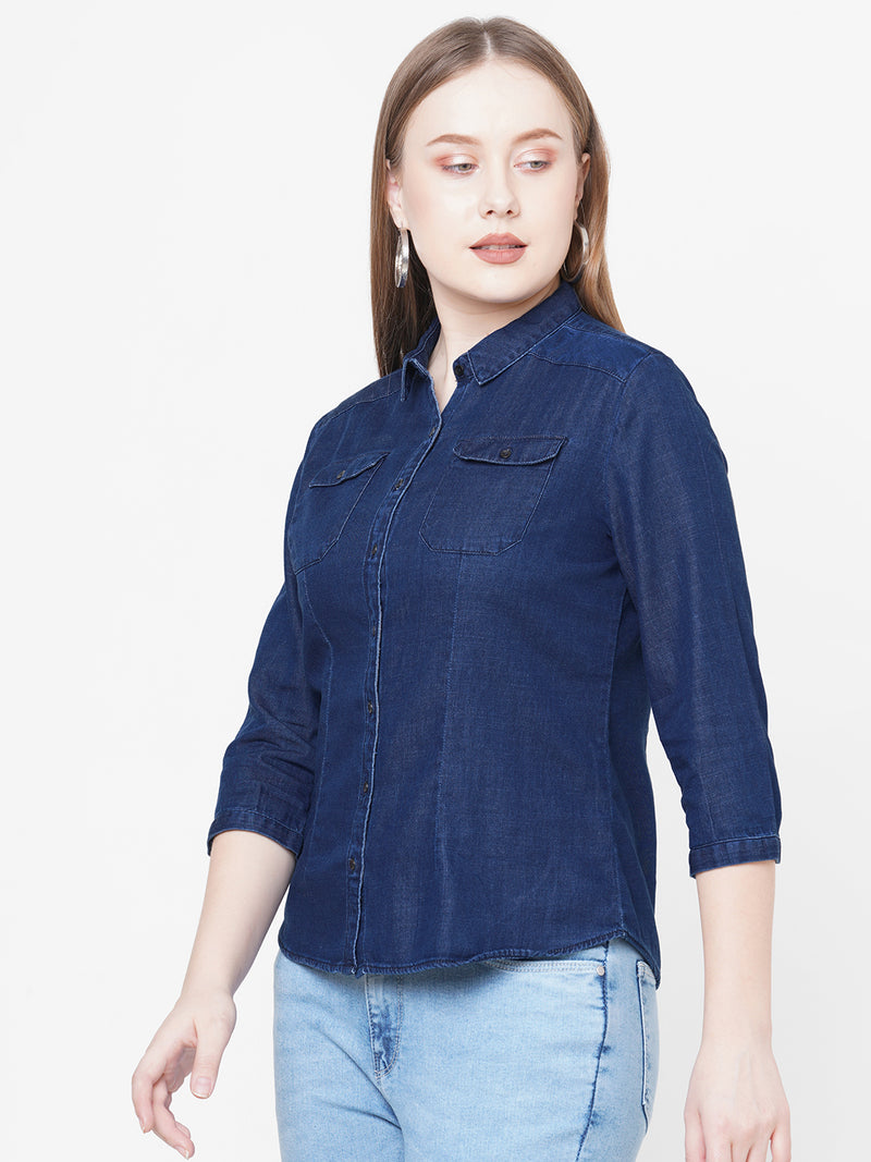 Women Blue Solid Denim Shirt