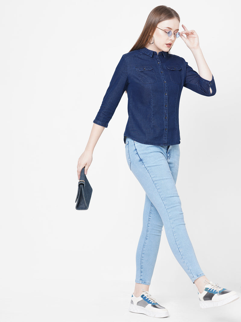 Women Blue Solid Denim Shirt