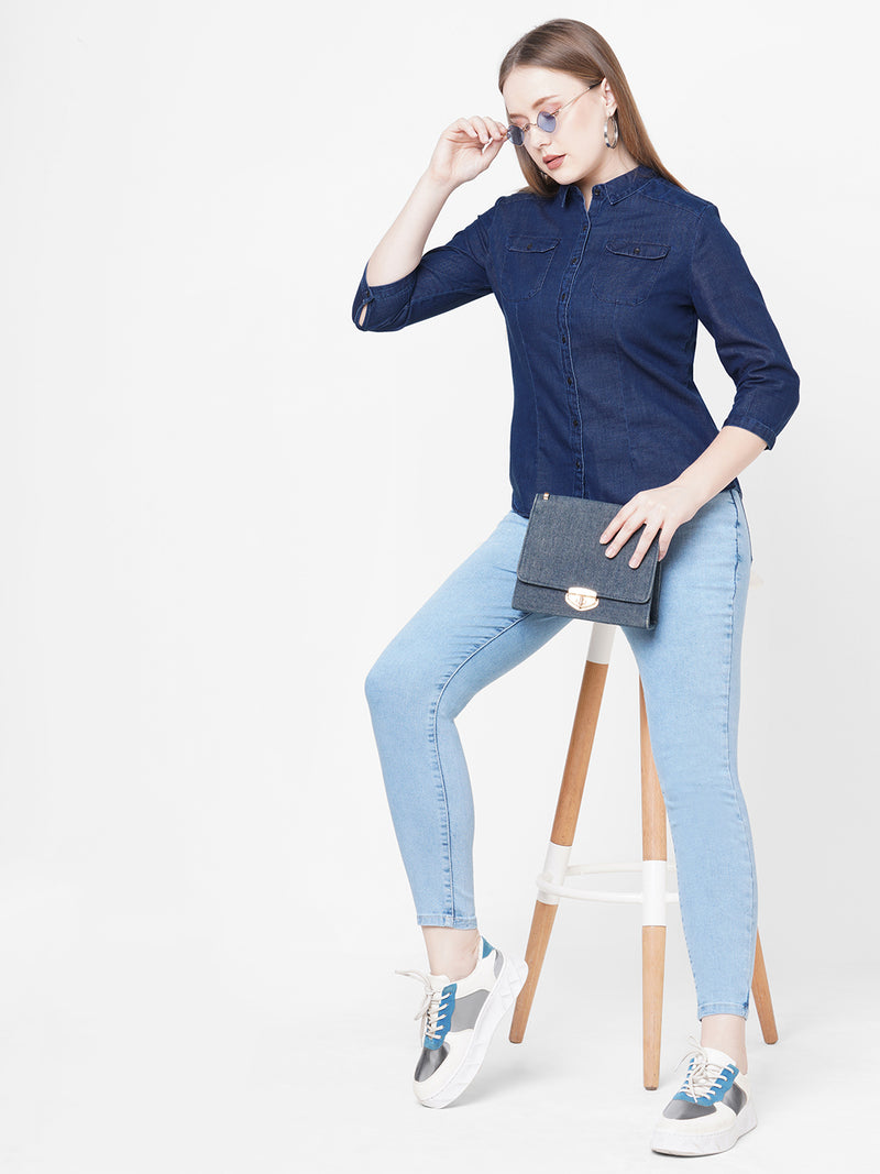 Women Blue Solid Denim Shirt