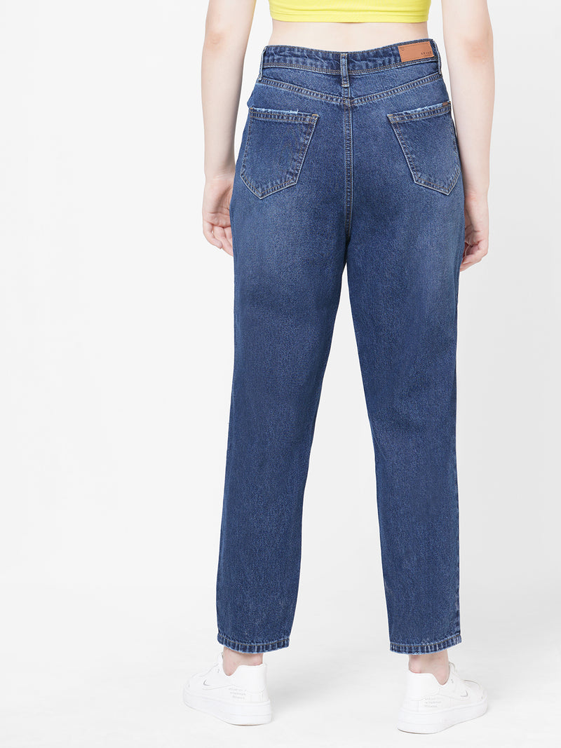 Women Dark Blue K5085 High Rise Mom Fit Knee Blowout Ripped Jeans