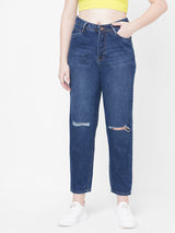 Women Dark Blue K5085 High Rise Mom Fit Knee Blowout Ripped Jeans