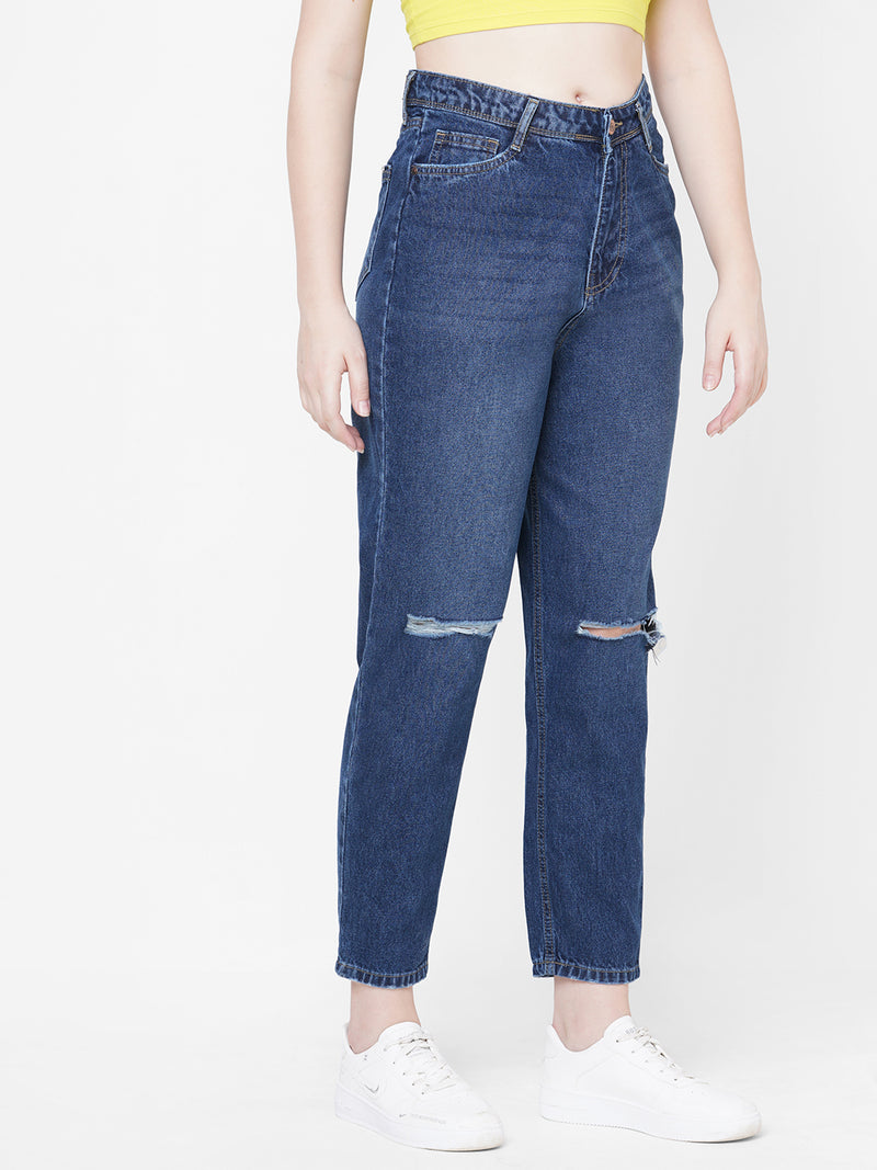 Women Dark Blue K5085 High Rise Mom Fit Knee Blowout Ripped Jeans