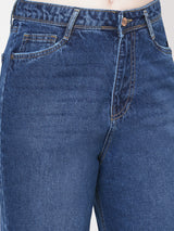 Women Dark Blue K5085 High Rise Mom Fit Knee Blowout Ripped Jeans