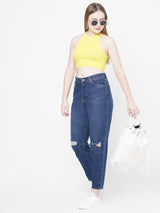 Women Dark Blue K5085 High Rise Mom Fit Knee Blowout Ripped Jeans