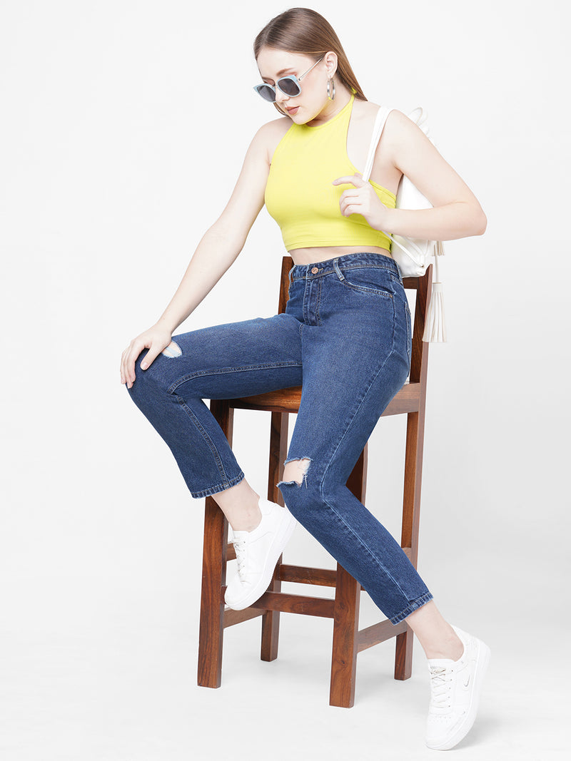 Women Dark Blue K5085 High Rise Mom Fit Knee Blowout Ripped Jeans
