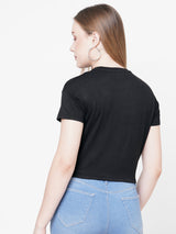 Women Black Solid Tie-Up Crop T-Shirt