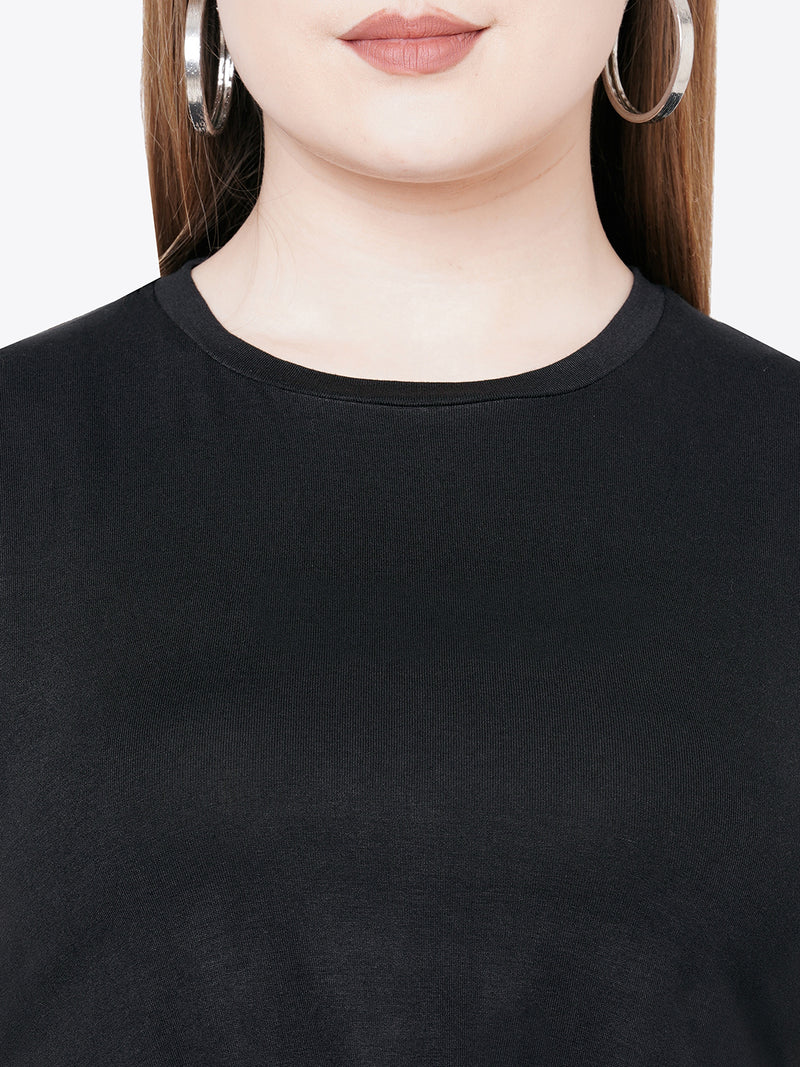 Women Black Solid Tie-Up Crop T-Shirt