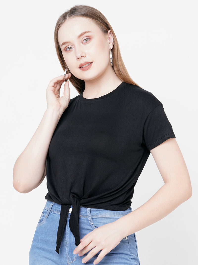 Women Black Solid Tie-Up Crop T-Shirt