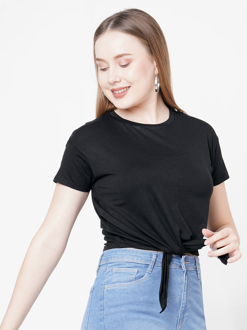 Women Black Solid Tie-Up Crop T-Shirt