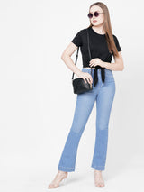 Women Black Solid Tie-Up Crop T-Shirt