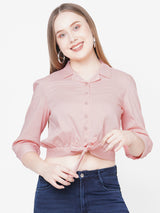 Women Peach Solid Tie-Up Crop Shirt