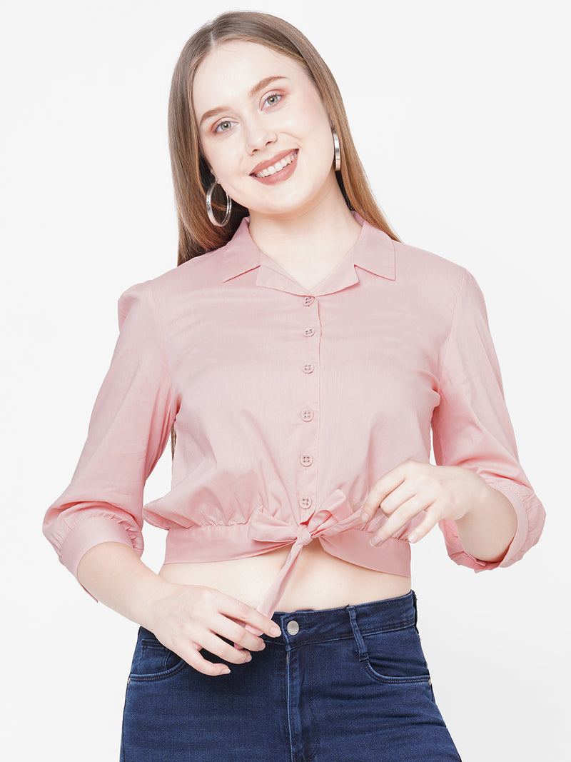Women Peach Solid Tie-Up Crop Shirt