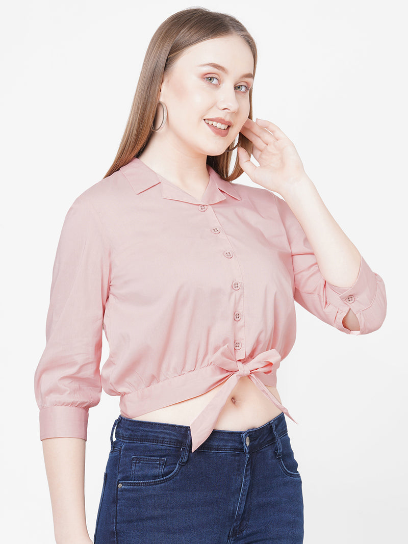 Women Peach Solid Tie-Up Crop Shirt