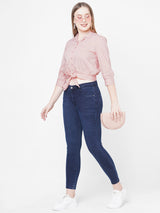 Women Peach Solid Tie-Up Crop Shirt