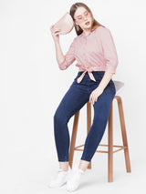 Women Peach Solid Tie-Up Crop Shirt