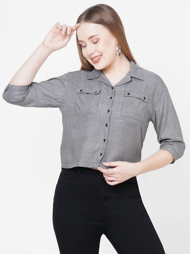 Women Black & White Checks Crop Shirt