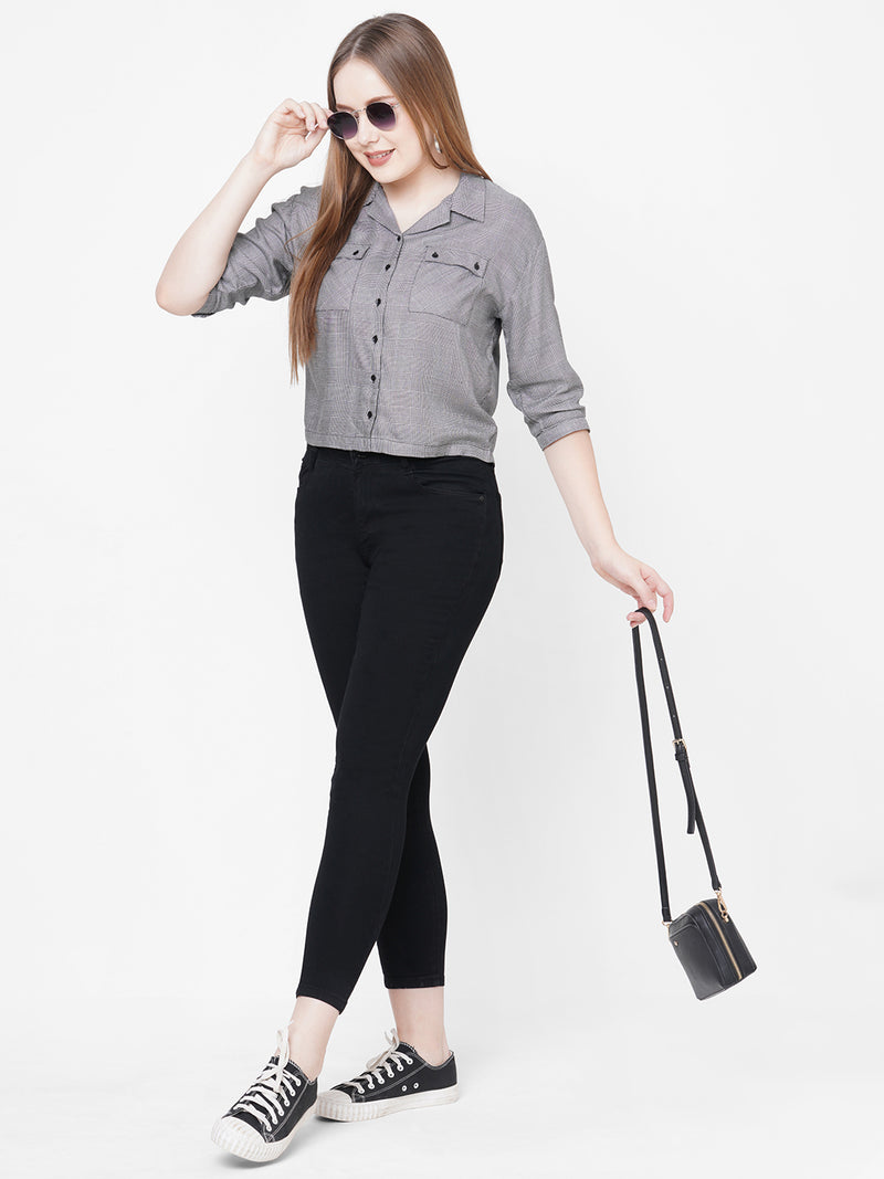 Women Black & White Checks Crop Shirt
