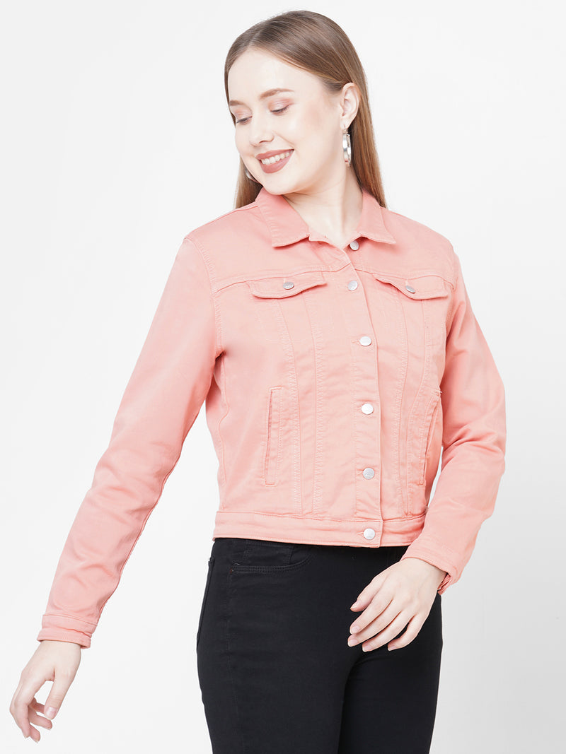 Women Pink Solid Denim Jacket